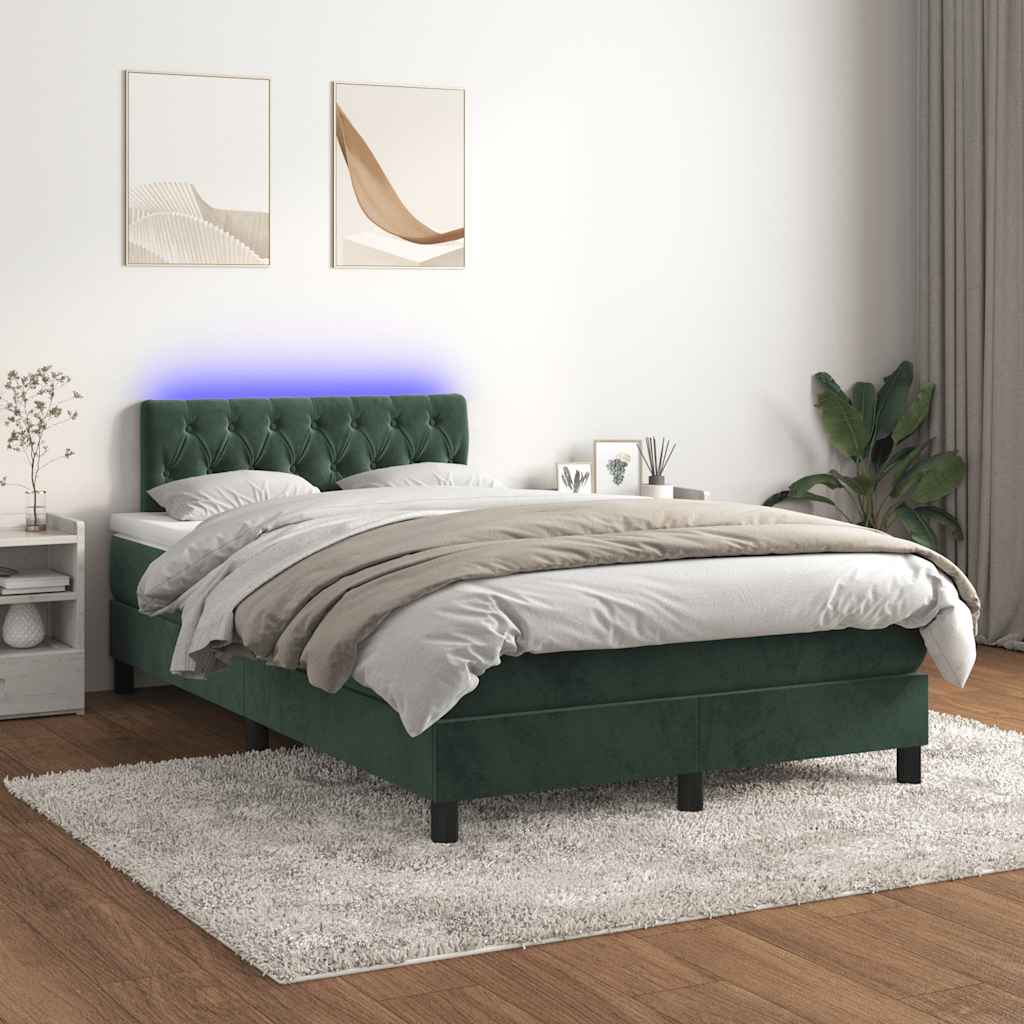 vidaXL Pat cu arcuri, saltea și LED, verde închis, 120x190 cm, catifea vidaXL Pat cu arcuri, saltea și LED, verde închis, 120x190 cm, catifea