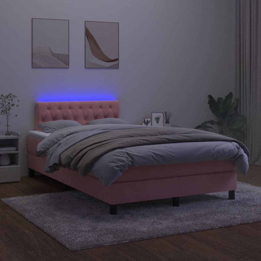 vidaXL Pat cu arcuri, cu saltea și LED, roz, 120x190 cm catifea