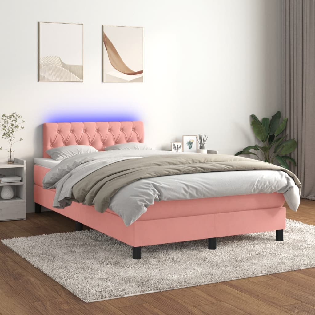 vidaXL Pat cu arcuri, cu saltea și LED, roz, 120x190 cm catifea