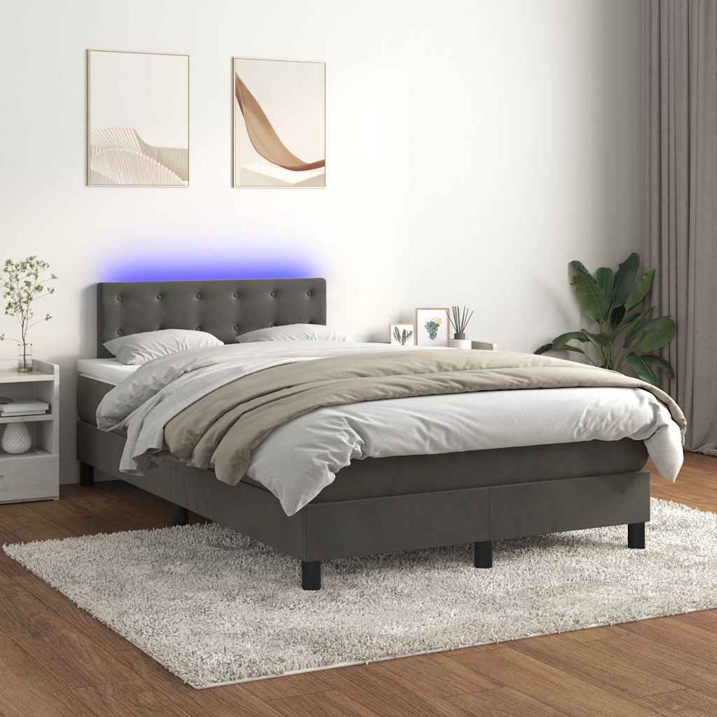 vidaXL Pat cu arcuri, saltea și LED, gri închis, 120x190 cm, catifea