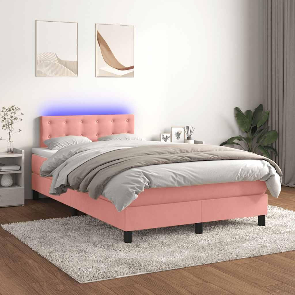 vidaXL Pat cu arcuri, cu saltea și LED, roz, 120x190 cm catifea
