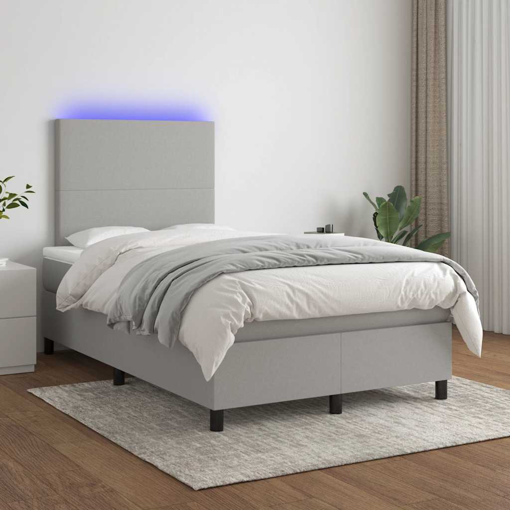 vidaXL Pat cu arcuri, saltea și LED, gri deschis, 120x190 cm, textil