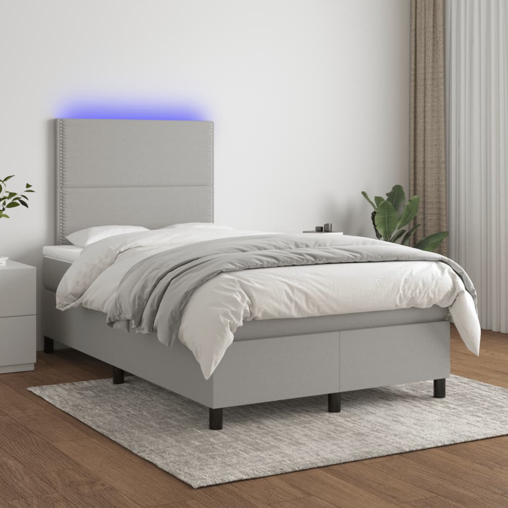 vidaXL Pat cu arcuri, saltea și LED, gri deschis, 120x190 cm, textil