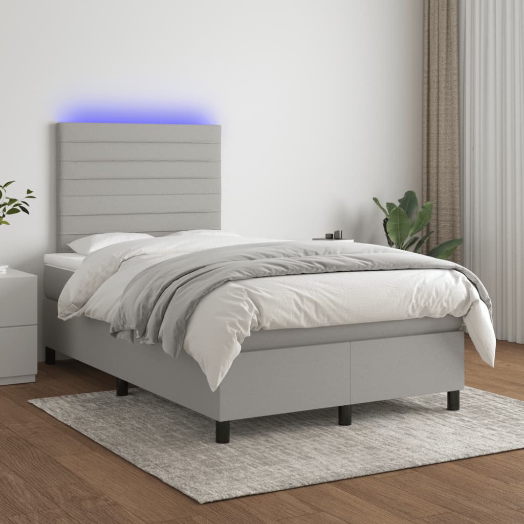 vidaXL Pat cu arcuri, saltea și LED, gri deschis, 120x190 cm, textil