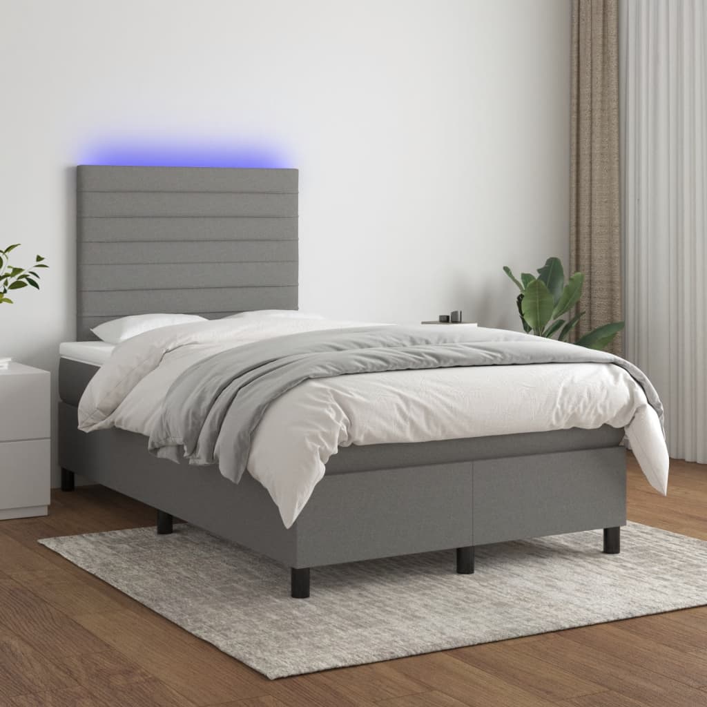 vidaXL Pat cu arcuri, saltea și LED, gri închis, 120x190 cm, textil