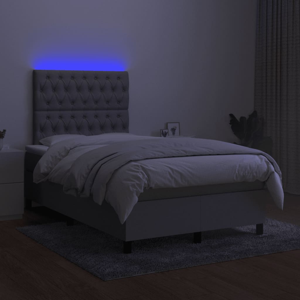 vidaXL Pat cu arcuri, saltea și LED, gri deschis, 120x190 cm, textil