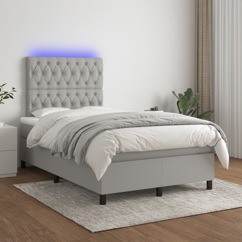 vidaXL Pat cu arcuri, saltea și LED, gri deschis, 120x190 cm, textil