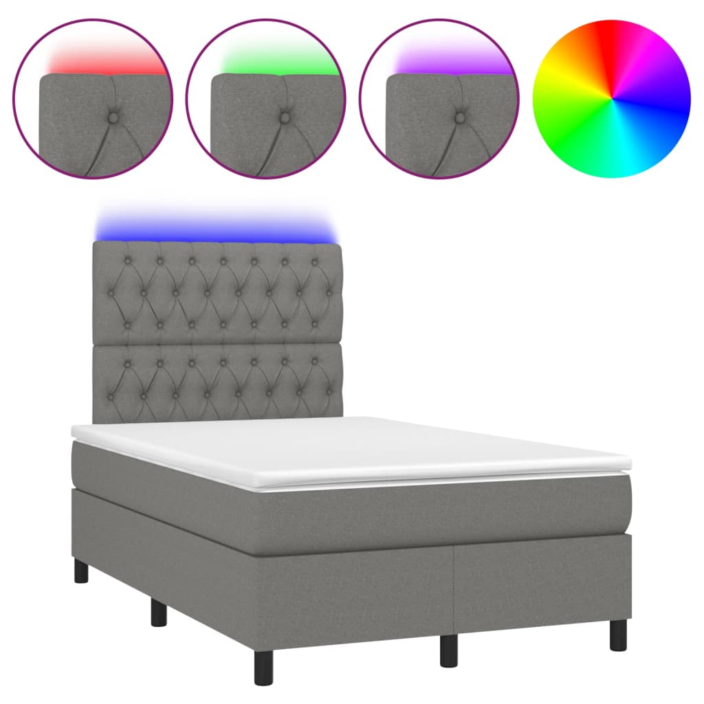 vidaXL Pat cu arcuri, saltea și LED, gri închis, 120x190 cm, textil