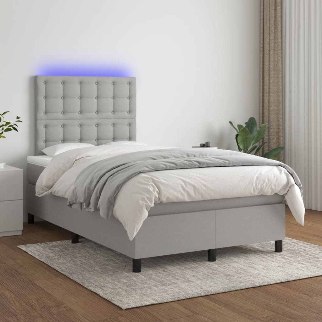 vidaXL Pat cu arcuri, saltea și LED, gri deschis, 120x190 cm, textil