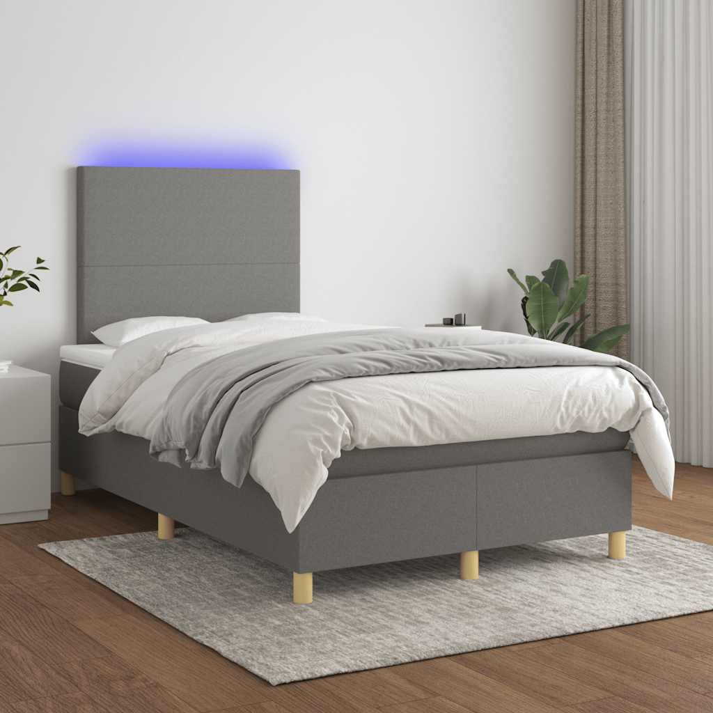 vidaXL Pat cu arcuri, saltea și LED, gri închis, 120x190 cm, textil
