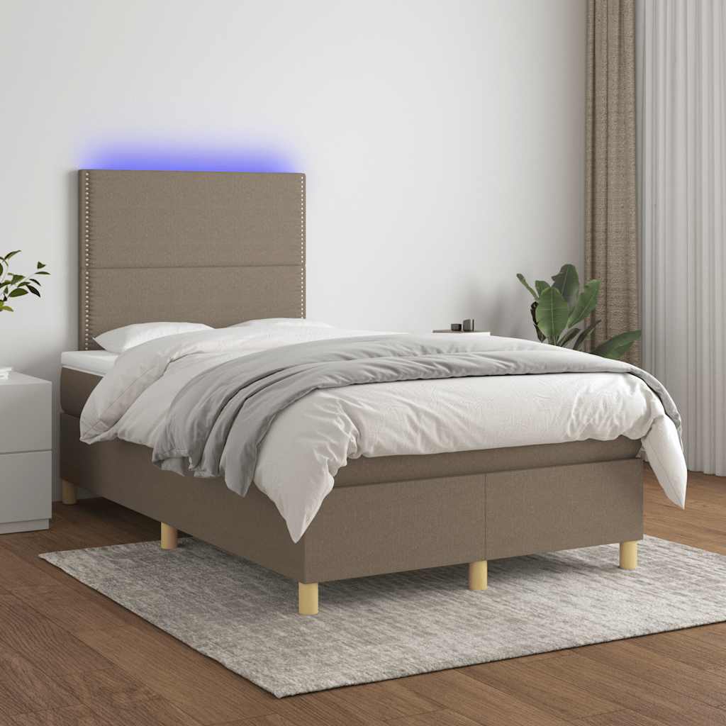 vidaXL Pat cu arcuri, saltea și LED, gri taupe, 120x190 cm, textil