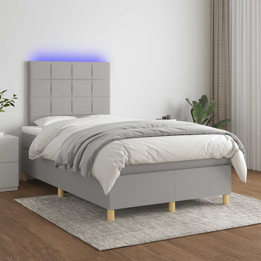 vidaXL Pat cu arcuri, saltea și LED, gri deschis, 120x190 cm, textil