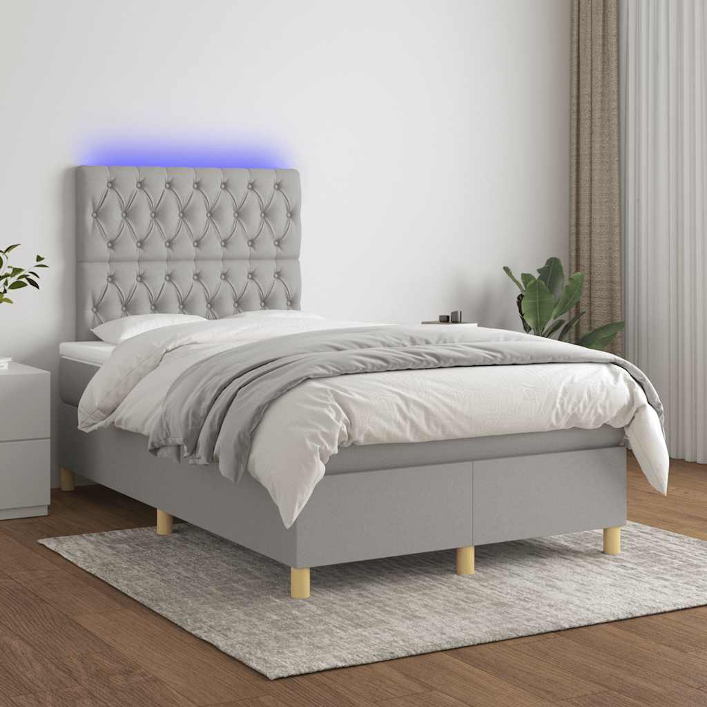 vidaXL Pat cu arcuri, saltea și LED, gri deschis, 120x190 cm, textil