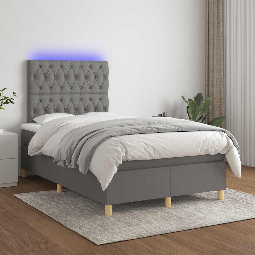 vidaXL Pat cu arcuri, saltea și LED, gri închis, 120x190 cm, textil