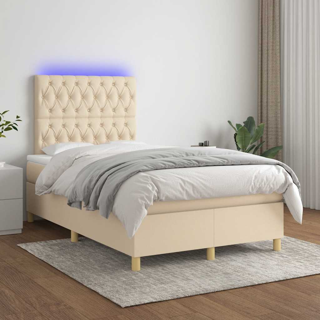 vidaXL Pat cu arcuri, saltea și LED, crem, 120x190 cm, textil