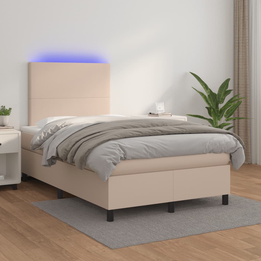 vidaXL Pat cu arcuri, cu saltea și LED cappuccino 120x190 cm piele eco vidaXL Pat cu arcuri, cu saltea și LED cappuccino 120x190 cm piele eco