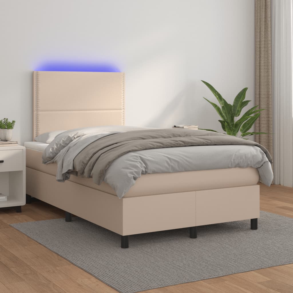 vidaXL Pat cu arcuri, cu saltea și LED cappuccino 120x190 cm piele eco vidaXL Pat cu arcuri, cu saltea și LED cappuccino 120x190 cm piele eco