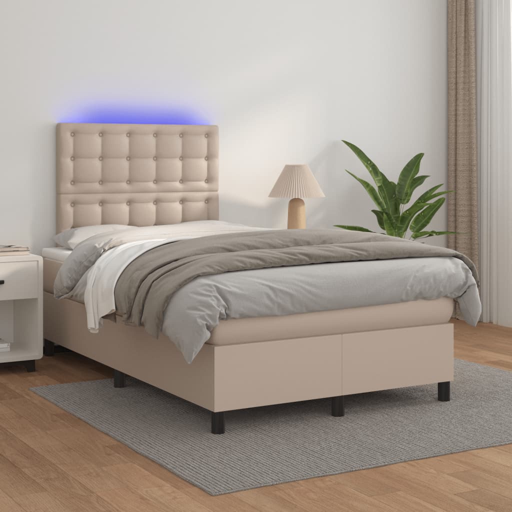 vidaXL Pat cu arcuri, cu saltea și LED cappuccino 120x190 cm piele eco vidaXL Pat cu arcuri, cu saltea și LED cappuccino 120x190 cm piele eco