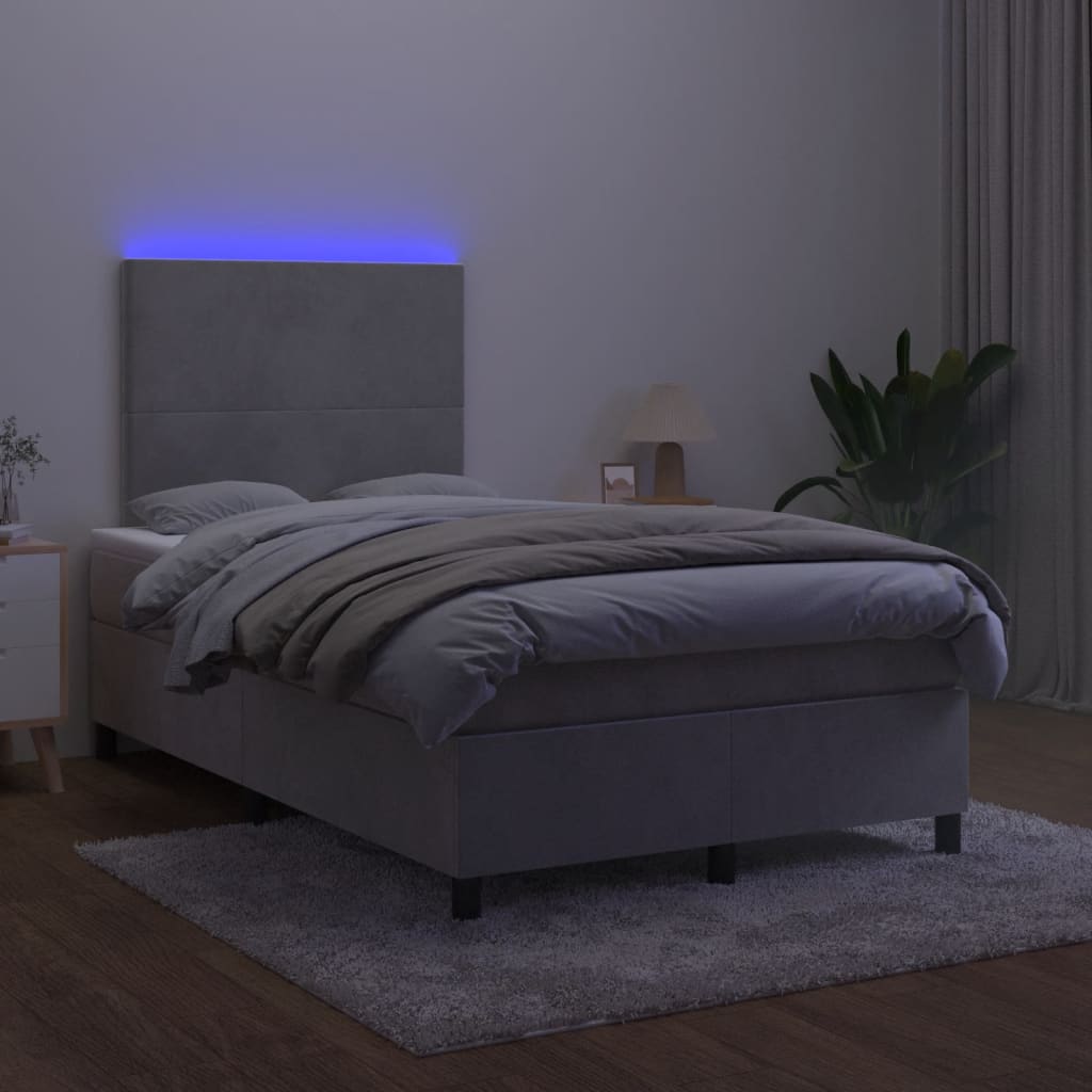 vidaXL Pat cu arcuri, saltea și LED, gri deschis, 120x190 cm, catifea