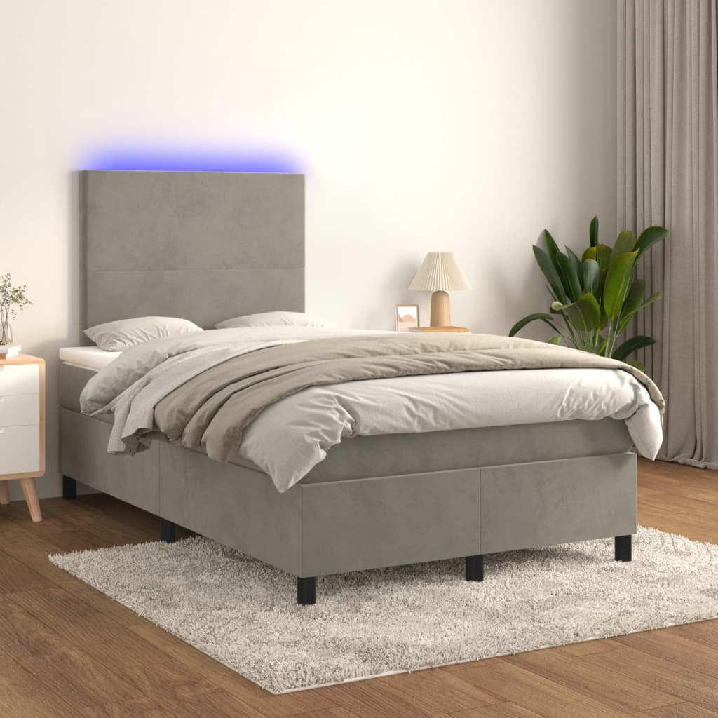 vidaXL Pat cu arcuri, saltea și LED, gri deschis, 120x190 cm, catifea