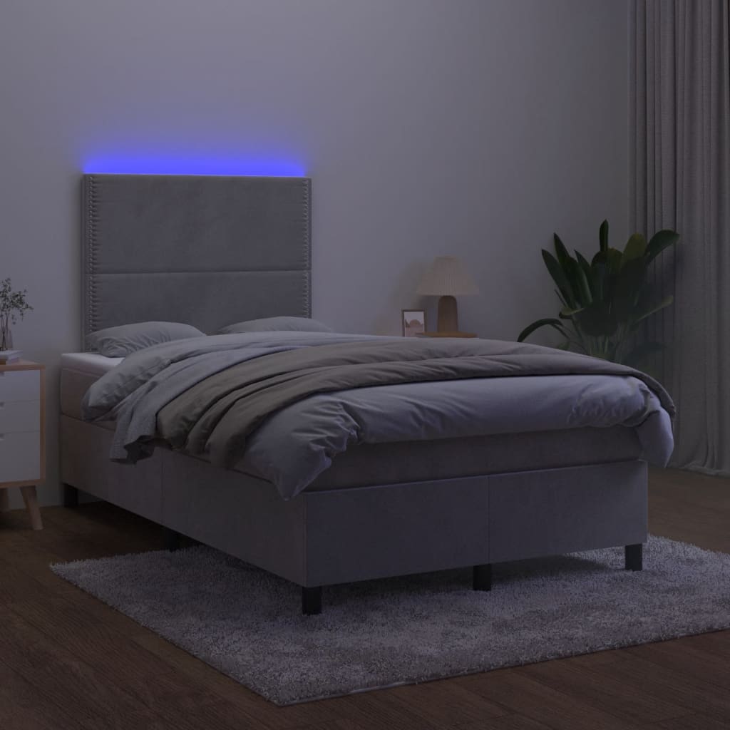 vidaXL Pat cu arcuri, saltea și LED, gri deschis, 120x190 cm, catifea