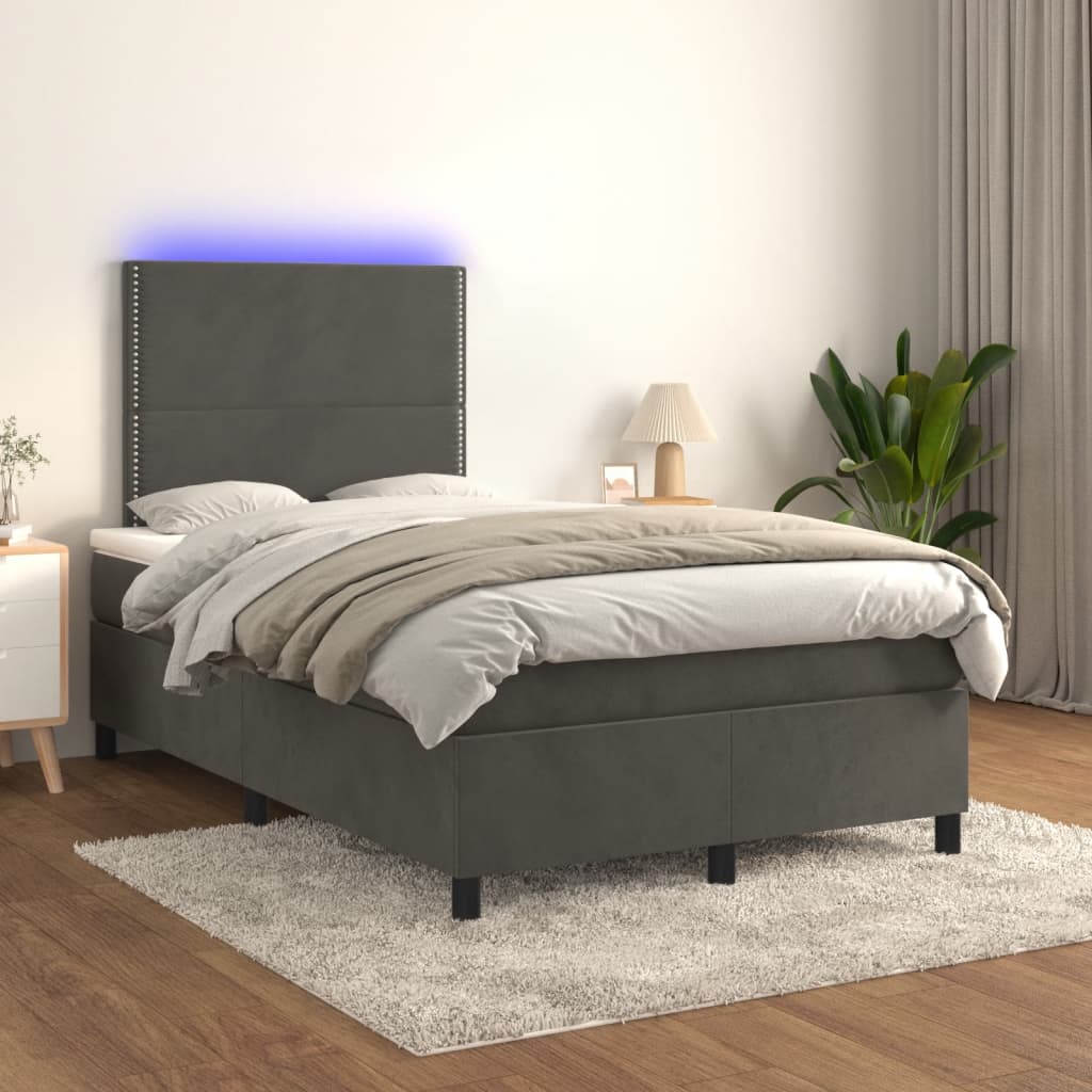 vidaXL Pat cu arcuri, saltea și LED, gri închis, 120x190 cm, catifea