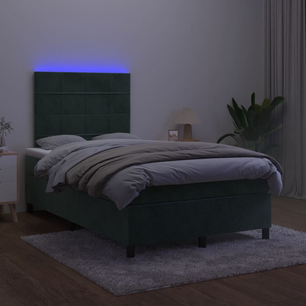 vidaXL Pat cu arcuri, saltea și LED, verde închis, 120x190 cm, catifea