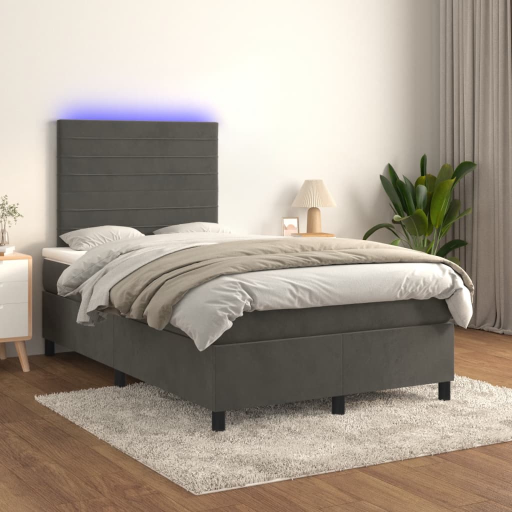 vidaXL Pat cu arcuri, saltea și LED, gri închis, 120x190 cm, catifea