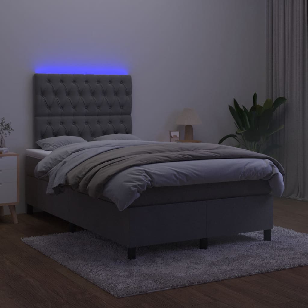vidaXL Pat cu arcuri, saltea și LED, gri închis, 120x190 cm, catifea