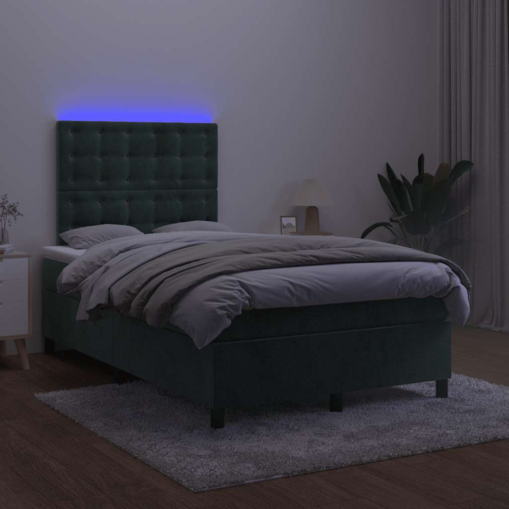 vidaXL Pat cu arcuri, saltea și LED, verde închis, 120x190 cm, catifea vidaXL Pat cu arcuri, saltea și LED, verde închis, 120x190 cm, catifea
