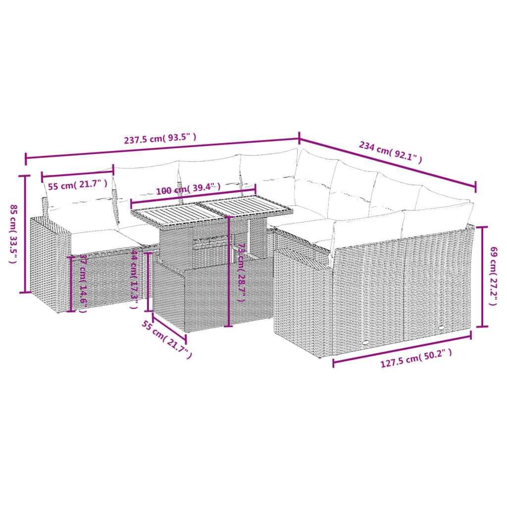 vidaXL Set mobilier de grădină cu perne, 9 piese, negru, poliratan vidaXL Set mobilier de grădină cu perne, 9 piese, negru, poliratan