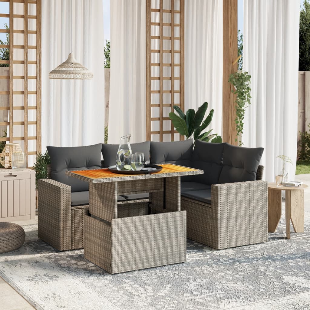 vidaXL Set canapea de grădină cu perne, 5 piese, gri, poliratan vidaXL Set canapea de grădină cu perne, 5 piese, gri, poliratan