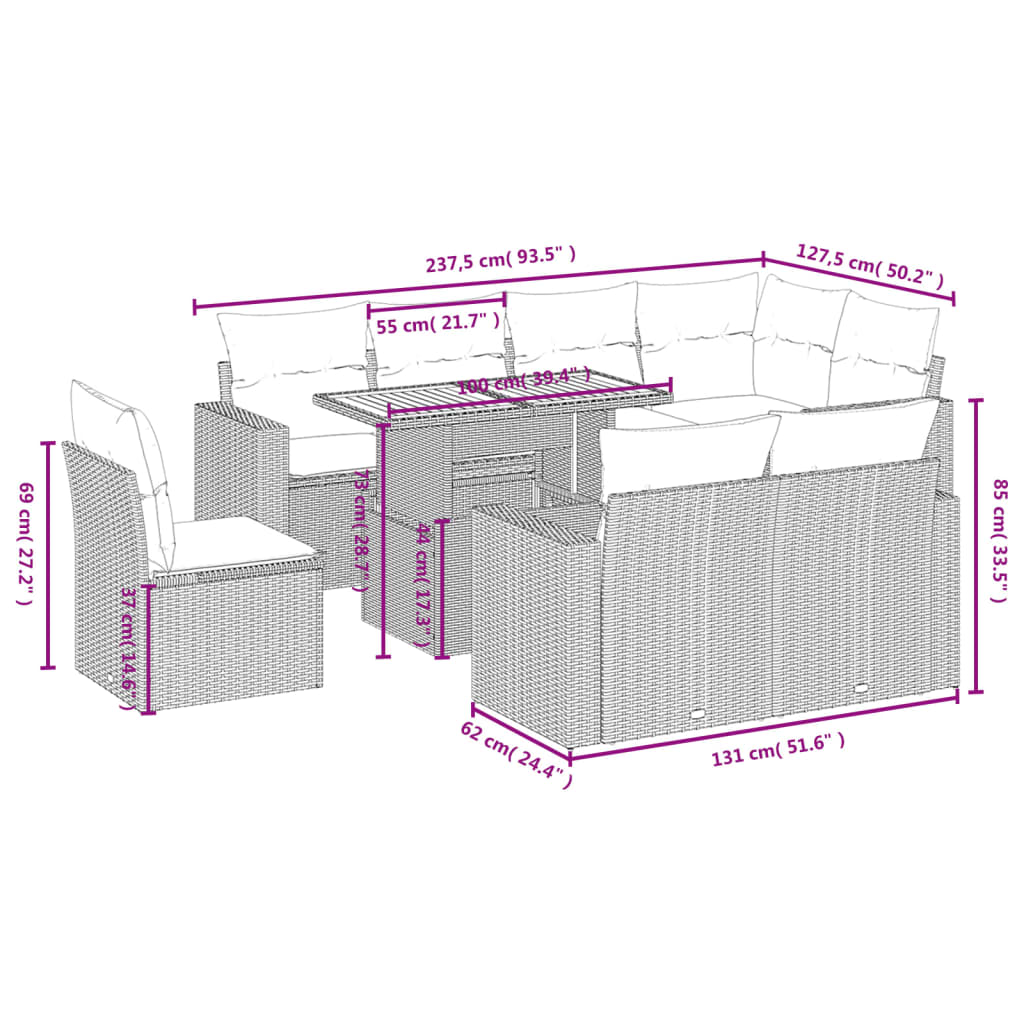 vidaXL Set mobilier de grădină cu perne, 9 piese, negru, poliratan vidaXL Set mobilier de grădină cu perne, 9 piese, negru, poliratan