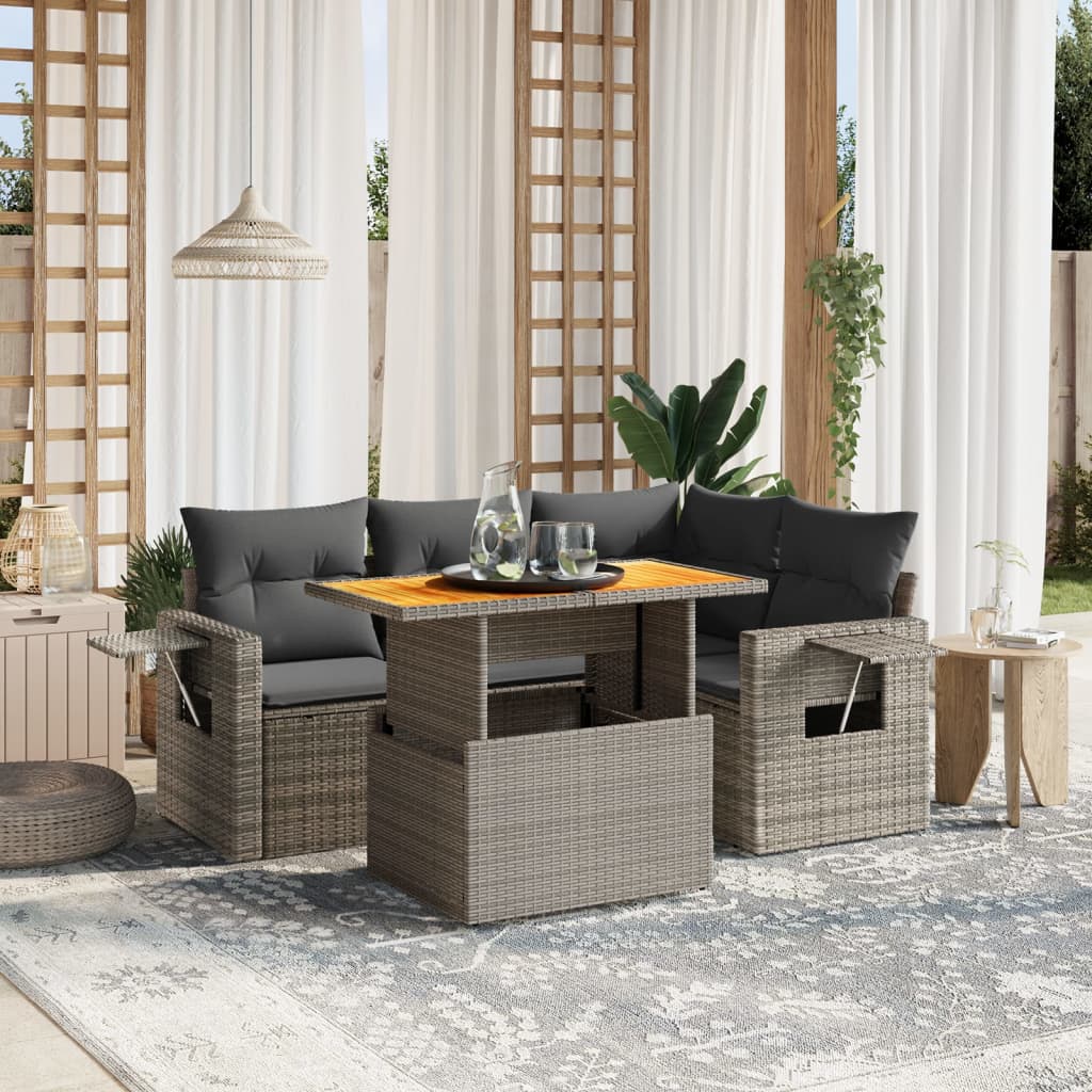 vidaXL Set canapea de grădină cu perne, 5 piese, gri, poliratan vidaXL Set canapea de grădină cu perne, 5 piese, gri, poliratan