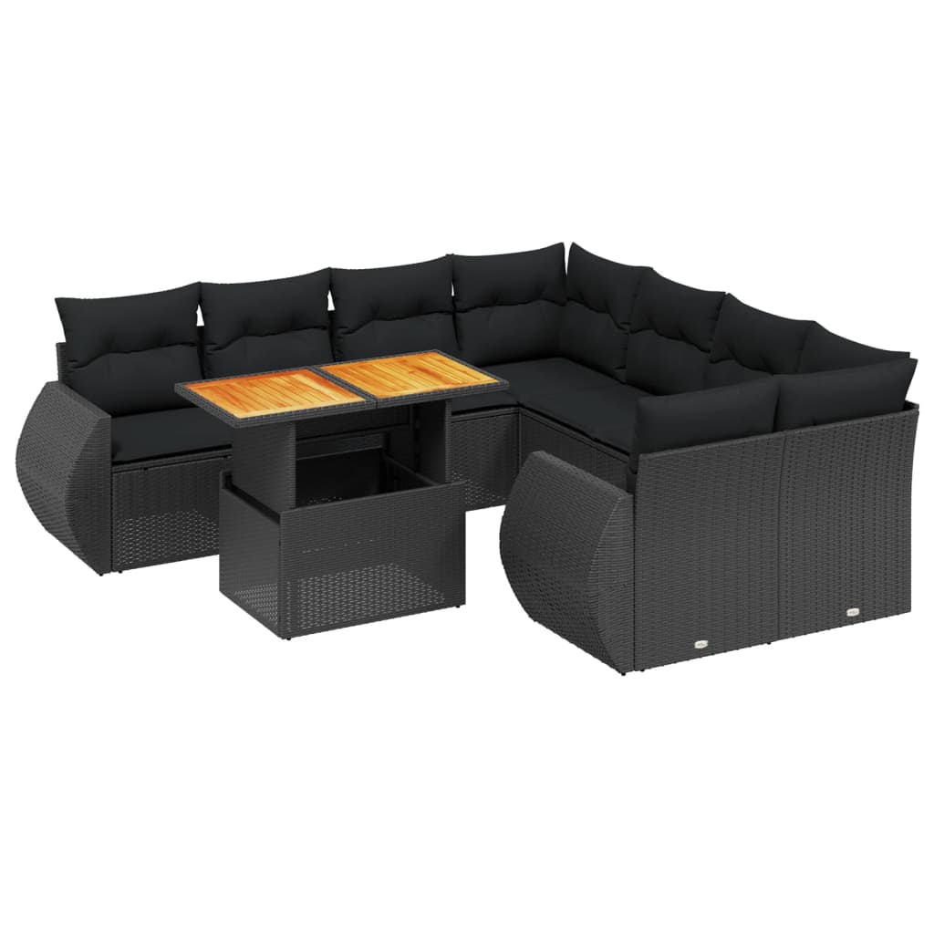 vidaXL Set mobilier de grădină cu perne, 9 piese, negru, poliratan