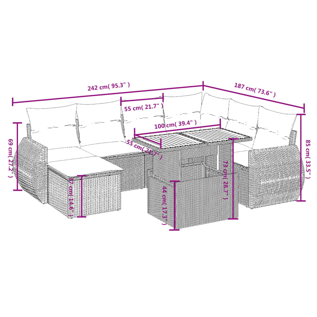 vidaXL Set mobilier de grădină cu perne, 8 piese, negru, poliratan