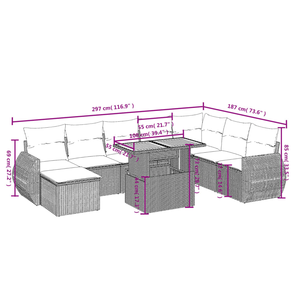 vidaXL Set mobilier de grădină cu perne, 9 piese, negru, poliratan