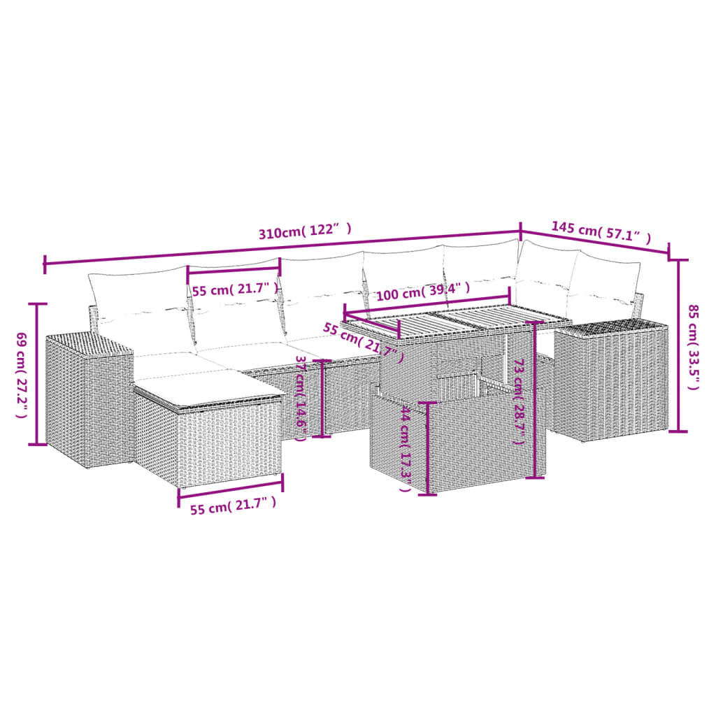vidaXL Set mobilier de grădină cu perne, 8 piese, negru, poliratan