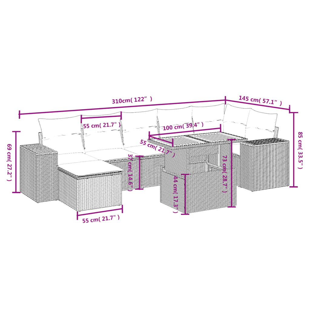 vidaXL Set mobilier de grădină cu perne, 8 piese, negru, poliratan
