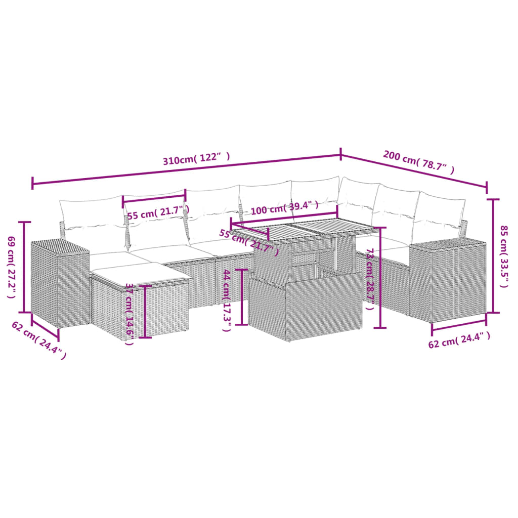 vidaXL Set mobilier de grădină cu perne, 9 piese, negru, poliratan vidaXL Set mobilier de grădină cu perne, 9 piese, negru, poliratan