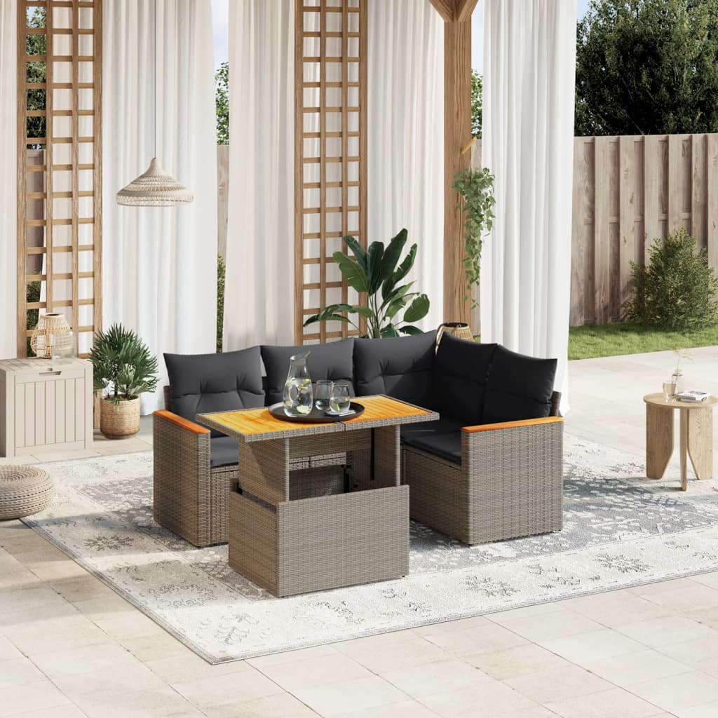 vidaXL Set canapea de grădină cu perne, 5 piese, gri, poliratan vidaXL Set canapea de grădină cu perne, 5 piese, gri, poliratan