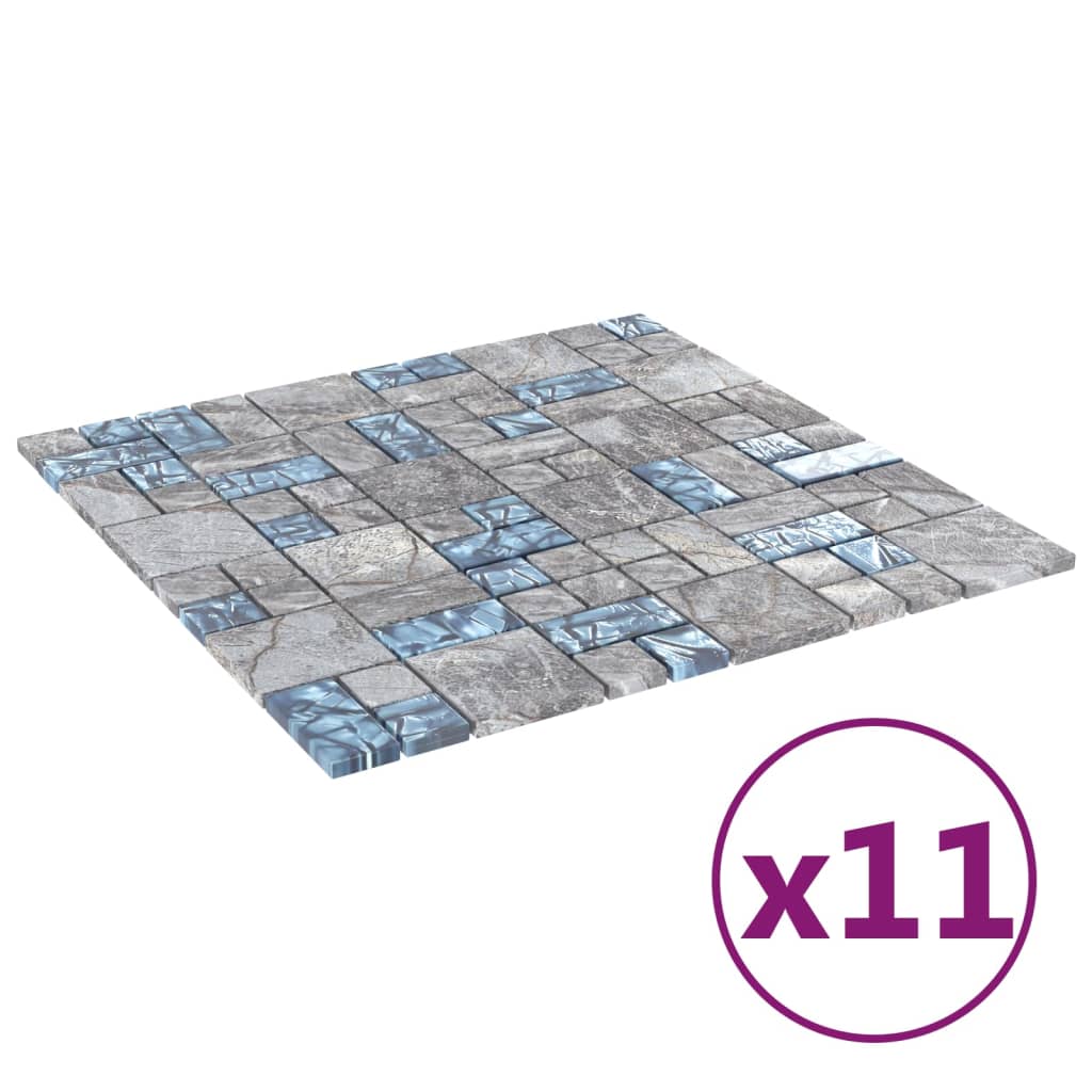 vidaXL Plăci mozaic, 11 buc., gri și albastru, 30x30 cm, sticlă vidaXL Plăci mozaic, 11 buc., gri și albastru, 30x30 cm, sticlă