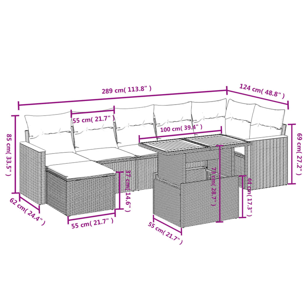 vidaXL Set mobilier de grădină cu perne, 8 piese, negru, poliratan