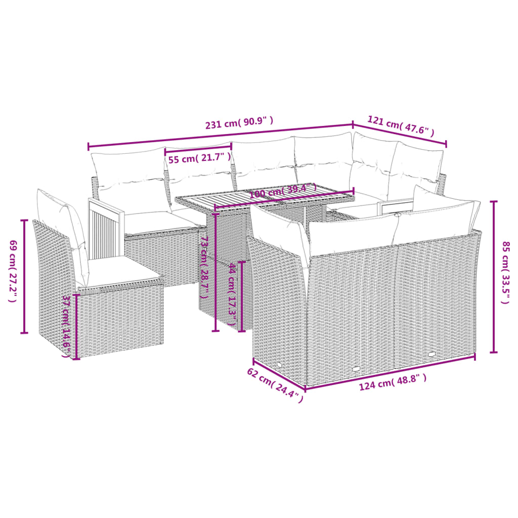 vidaXL Set mobilier de grădină cu perne, 9 piese, negru, poliratan vidaXL Set mobilier de grădină cu perne, 9 piese, negru, poliratan