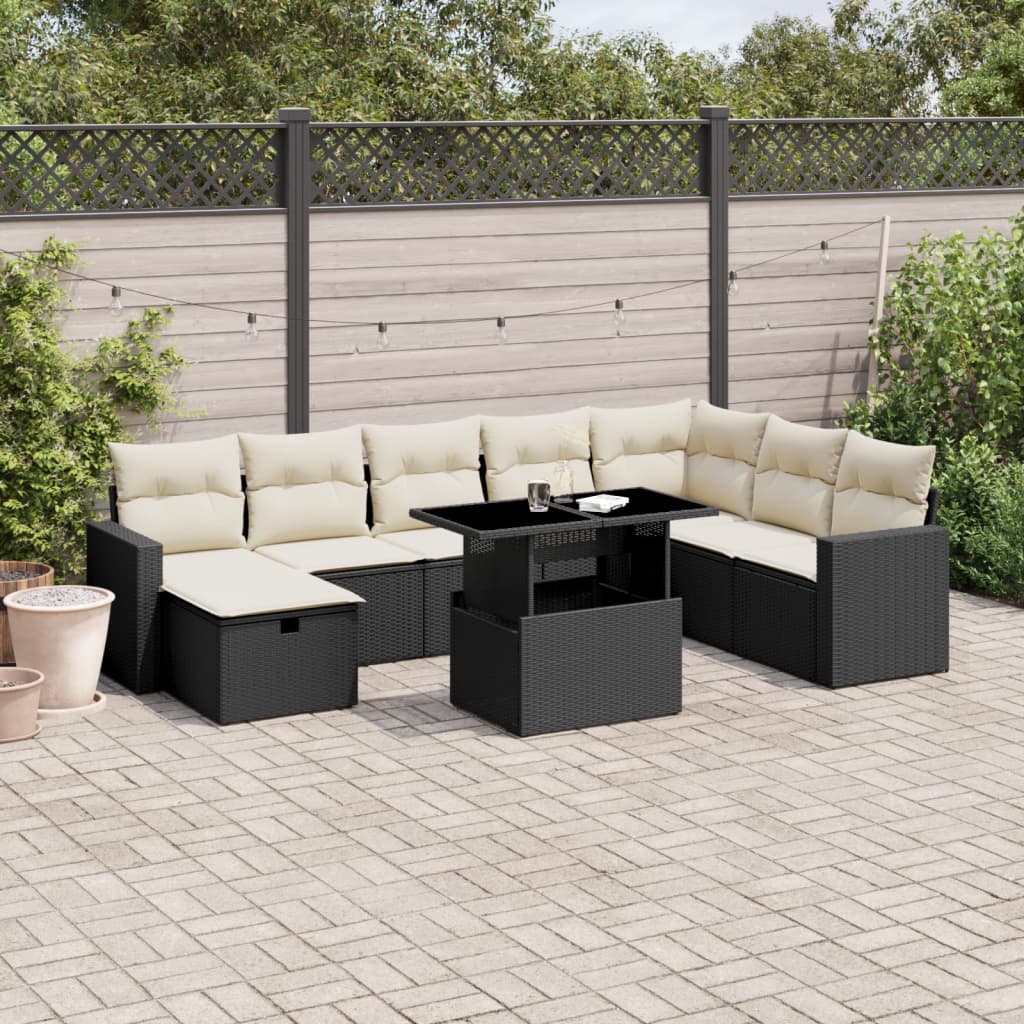 vidaXL Set mobilier de grădină cu perne, 9 piese, negru, poliratan vidaXL Set mobilier de grădină cu perne, 9 piese, negru, poliratan