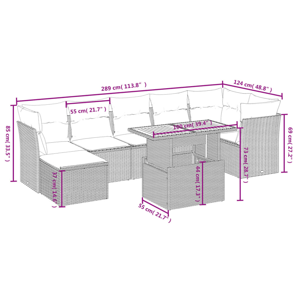 vidaXL Set mobilier de grădină cu perne, 8 piese, negru, poliratan