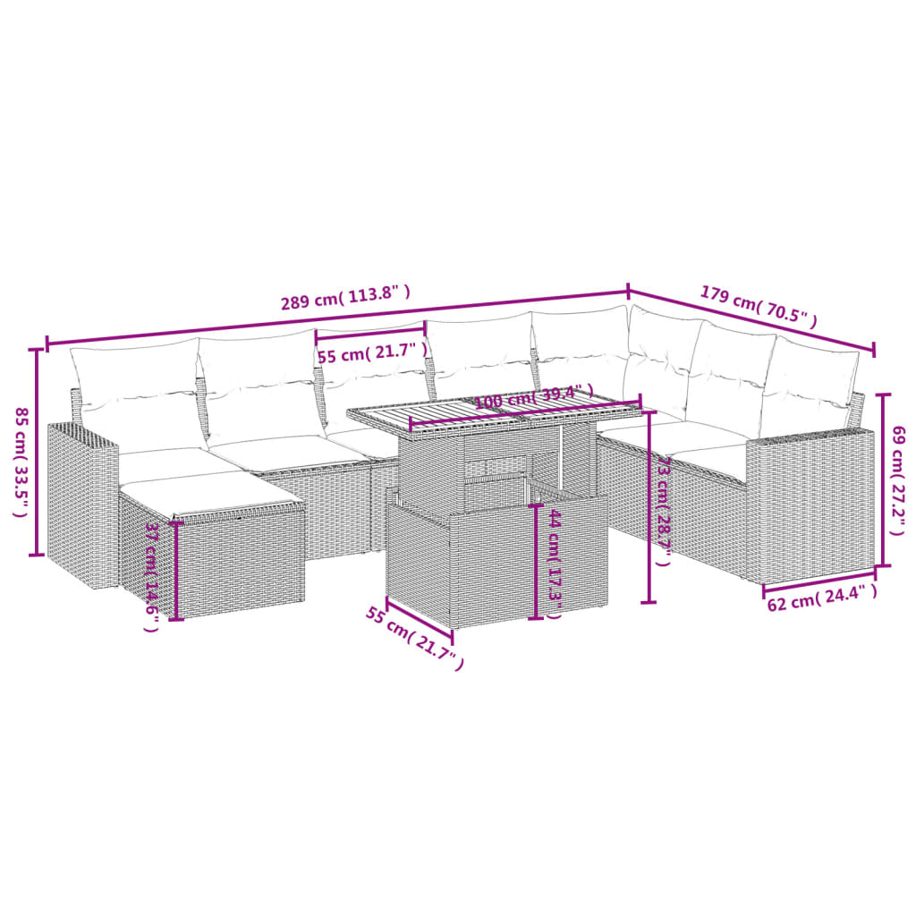 vidaXL Set mobilier de grădină cu perne, 9 piese, negru, poliratan vidaXL Set mobilier de grădină cu perne, 9 piese, negru, poliratan