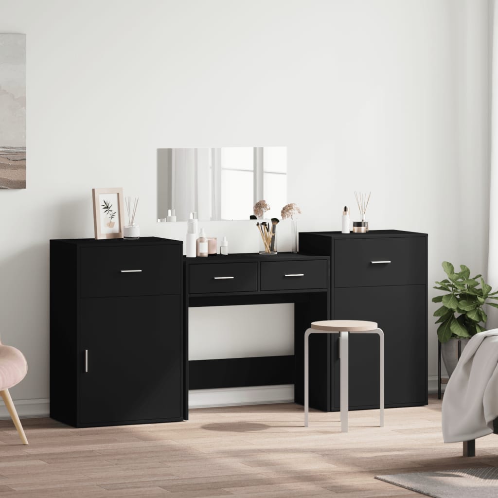 vidaXL Set de măsuță de toaletă, 4 piese, negru, lemn prelucrat vidaXL Set de măsuță de toaletă, 4 piese, negru, lemn prelucrat