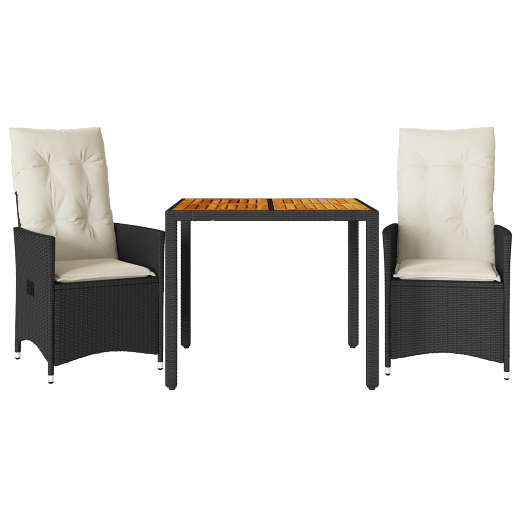 vidaXL Set bistro cu perne, 3 piese, negru, poliratan și acacia