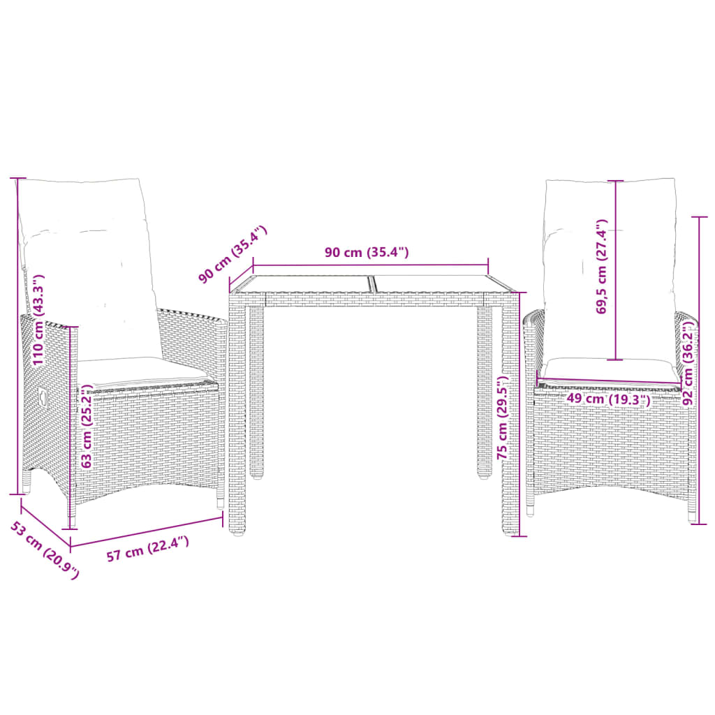 vidaXL Set bistro cu perne, 3 piese, negru, poliratan și acacia